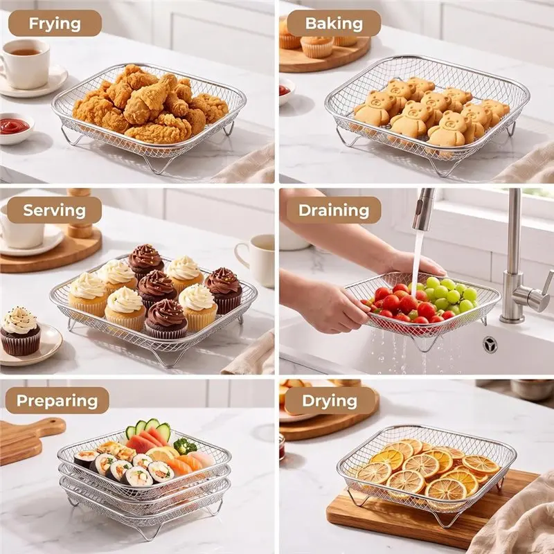 A21F-Air Fryer Rack 3Pcs 8.07' ' Square Air Fryer Basket Stackable Stainless Steel Mesh Cooking Rack For Oven With Silicon Feet