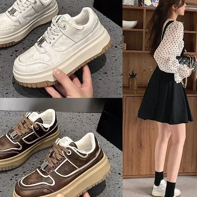 

Women's Thick Bottom Skateboard Sneakers Genuine Leather Breathable Soft Casual Shoes Cross Buckle Low Top Rubber Outsole