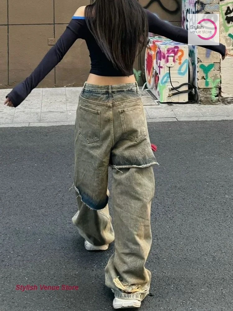 American street heavy industry washed mud dyed holes fake two pieces of jeans women's new summer niche design loose drape pants