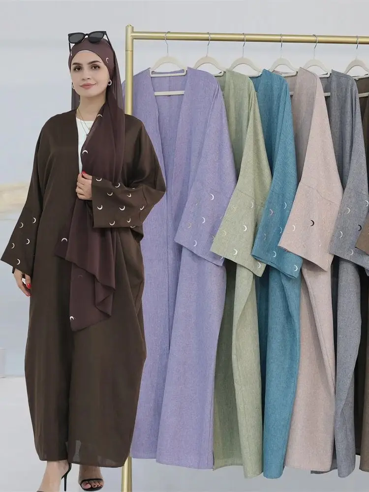 Ramadan Eid Embroidery Moon Hijab Modest Kimono Abaya Dubai Luxury Kaftan Muslim Coat Sets Islam For Women Caftan Robe Musulmane