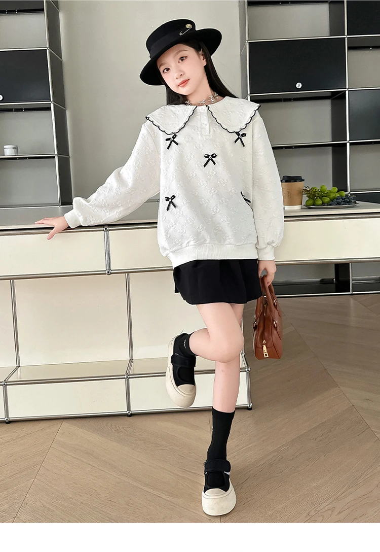 Lässiges Sweatshirt mit Peter-Pan-Kragen und Schleifen für Mädchen, neue Frühlingskollektion, atmungsaktive Kleidung, modisches Oberteil mit langen Ärmeln für Teenager und Kinder. – Detail 4