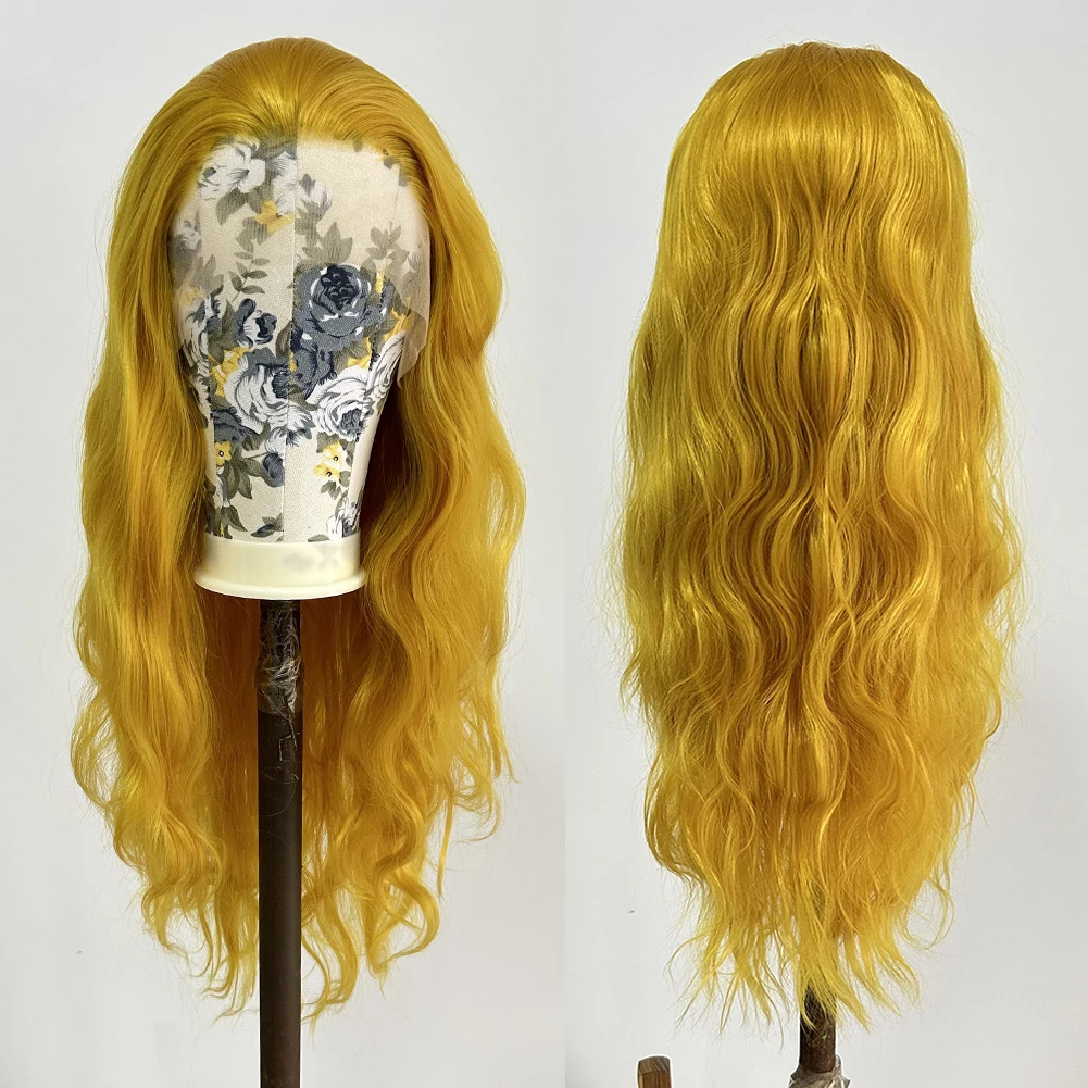 Perucas sintéticas frente renda para mulheres, onda natural, resistente ao calor, amarelo escuro, peruca cosplay, sem cola, 13x4