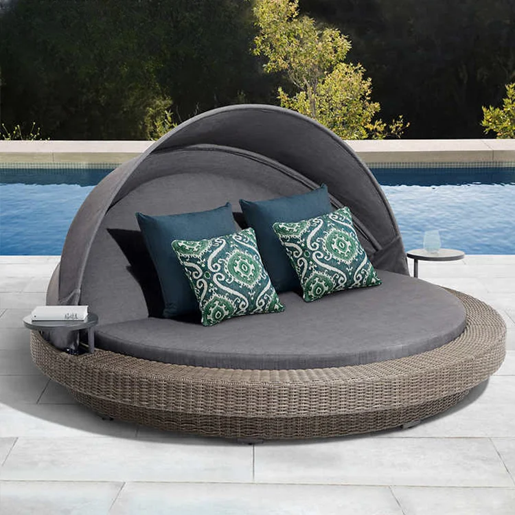 Beach Side PE Rattan Wicker Outdoor Waterproof Bali Daybed With Canopy