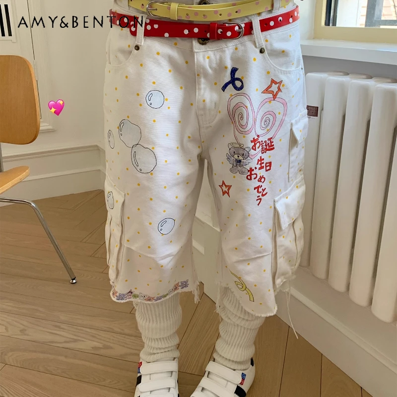 

Japanese Original Sweet Cool White Polka Dot Women's Capris Summer High Waist Thin Versatile Pocket Denim Cropped Pants Ladies