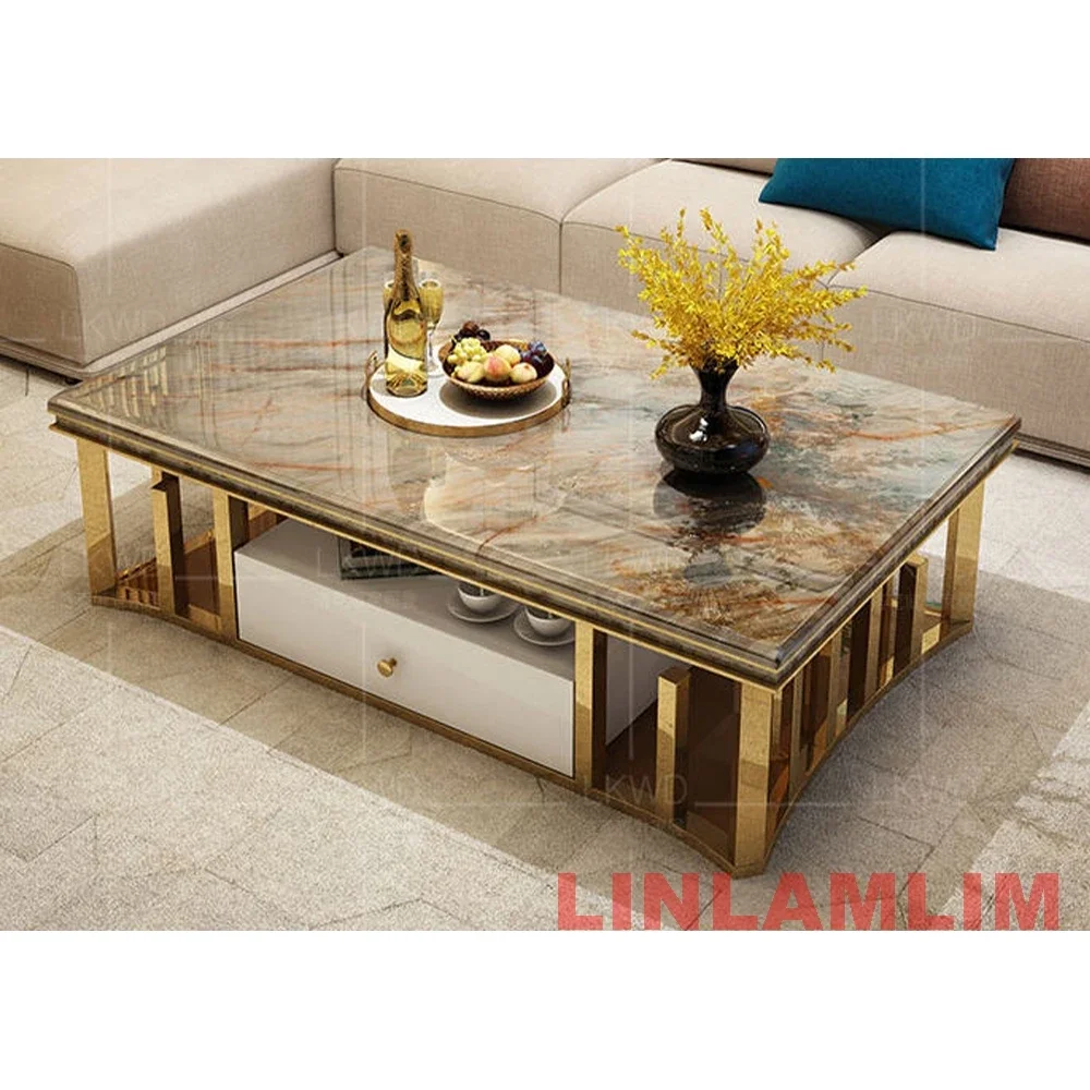 Linlamlim Minimalist Sticking Seashell Coffee Table in Gold Stainless Steel Frame Natural Marble Tea Table Living Room Furniture