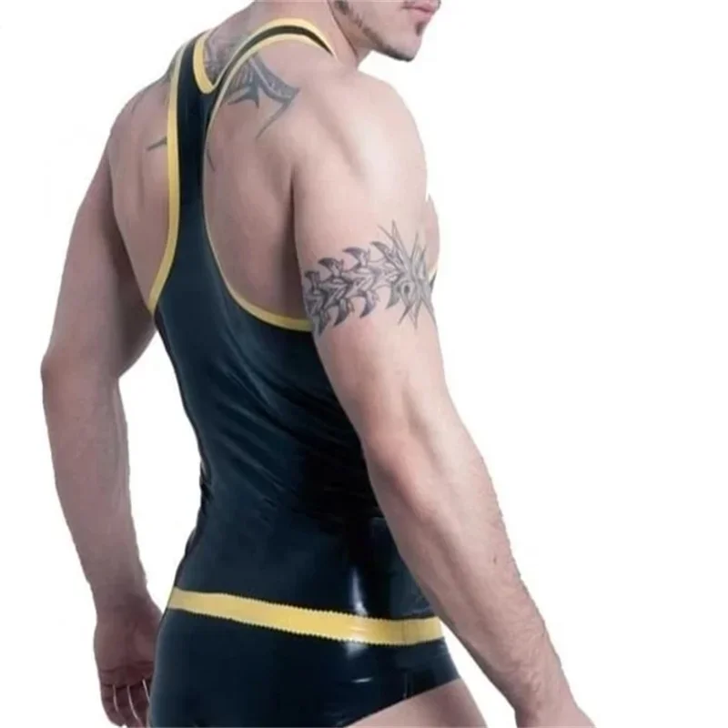 남성용 핸드메이드 라텍스 티셔츠 조끼, 블랙, 옐로우, 민소매 상의, 섹시 커스텀