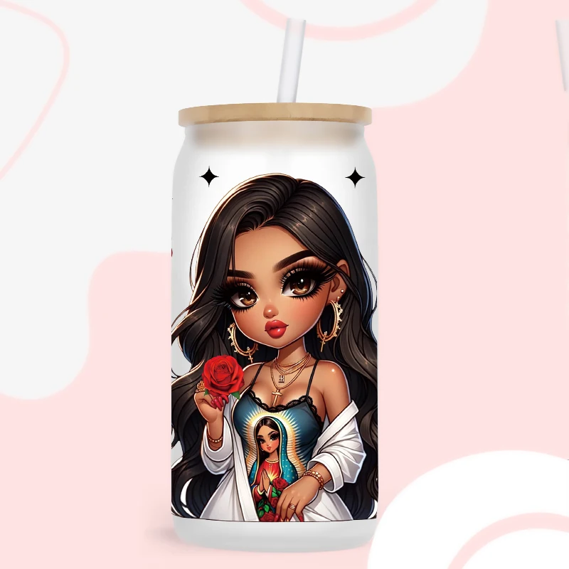 Cartoon Girl 3D UV DTF Transfer Stickers Libbey Cup Wrap Iron For Glass 16oz D14879