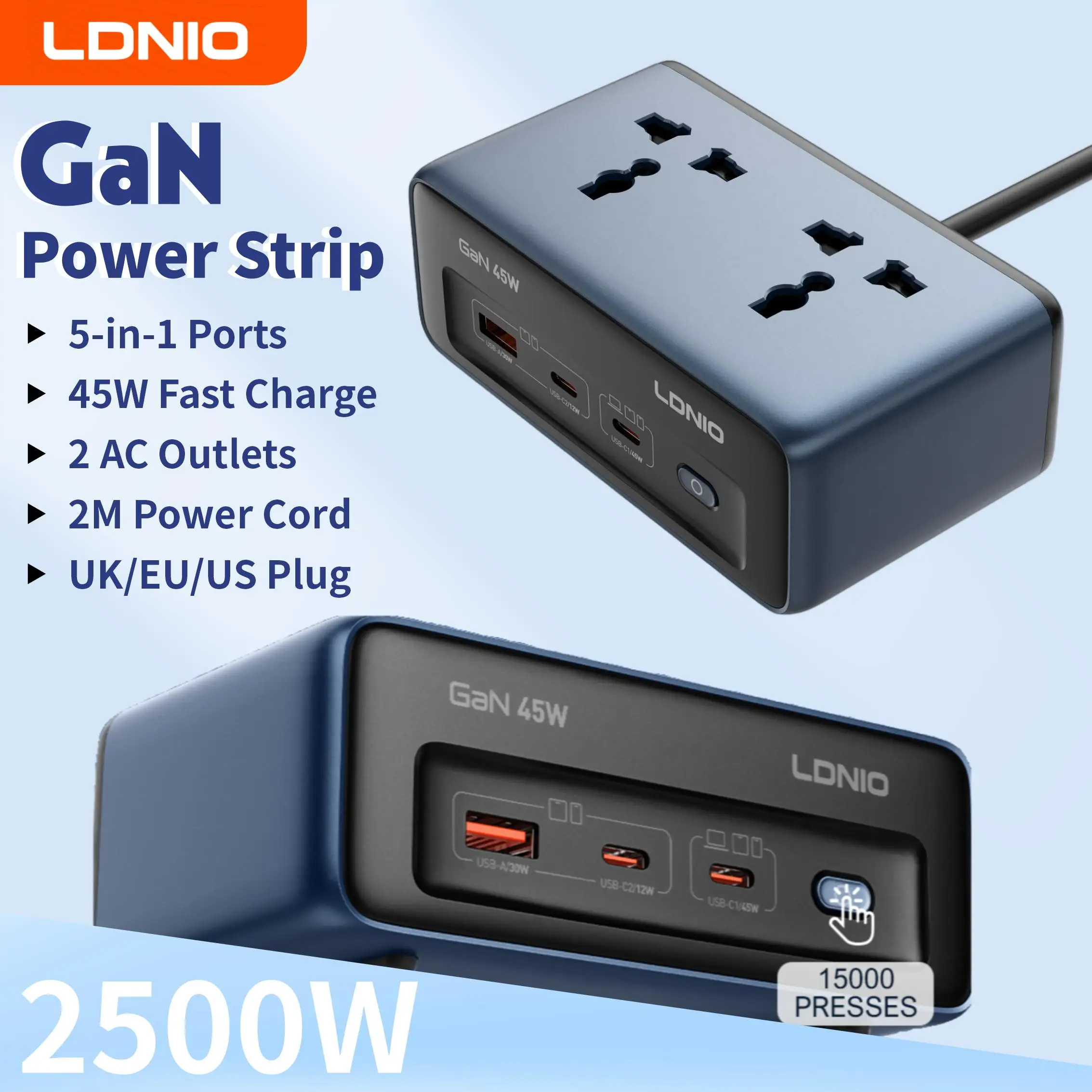 LDNIO Cube Power Strip Socket Fast Charger 2M Electric Extension AC Outlet PD 45W Type C Charging Station US UK EU KR USB Plug