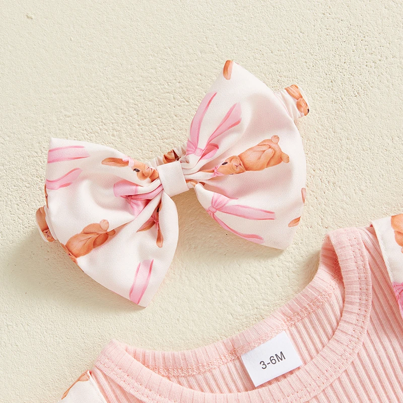 Baby Girl Easter Outfit Bunny Print Fake Two-Piece Fly Sleeve Romper Bow Headband 2 Piece Spring Baby Bodysuits Set