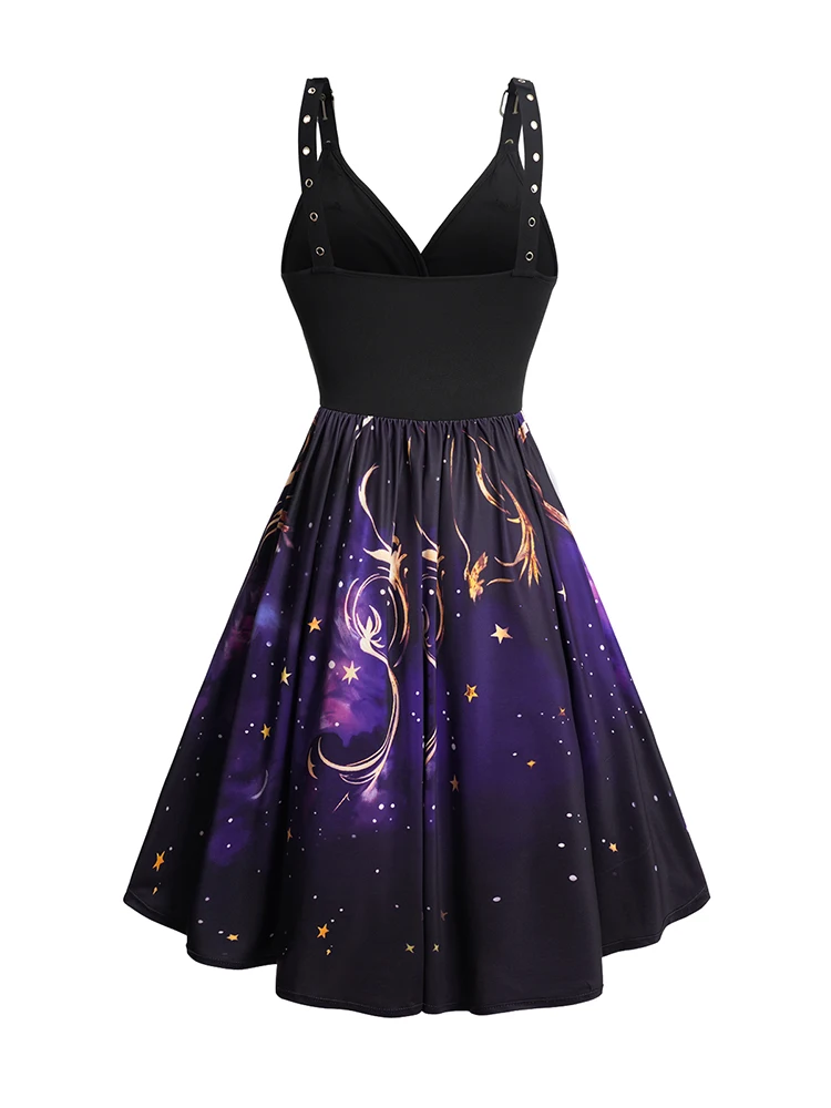 Galaxy Gothic Dresses Print V Neck Grommet Buckle Dress Lace Up Crossover Sleeveless Dress Summer Dresses for Women 2024