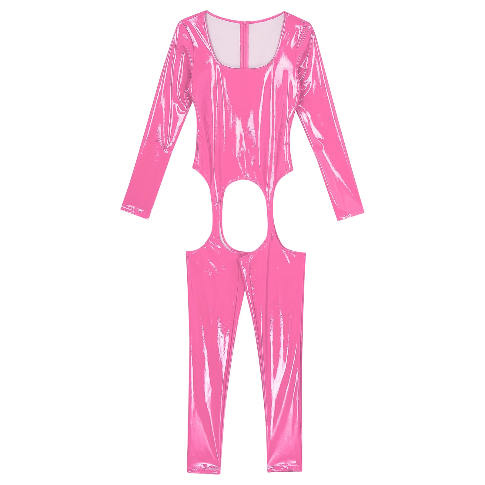 Womens Lingerie Crotchless Latex Full Bodysuit Glossy Hollow Zipper Overalls Jumpsuit Skinny Teddy Catsuit Costume Clubwear