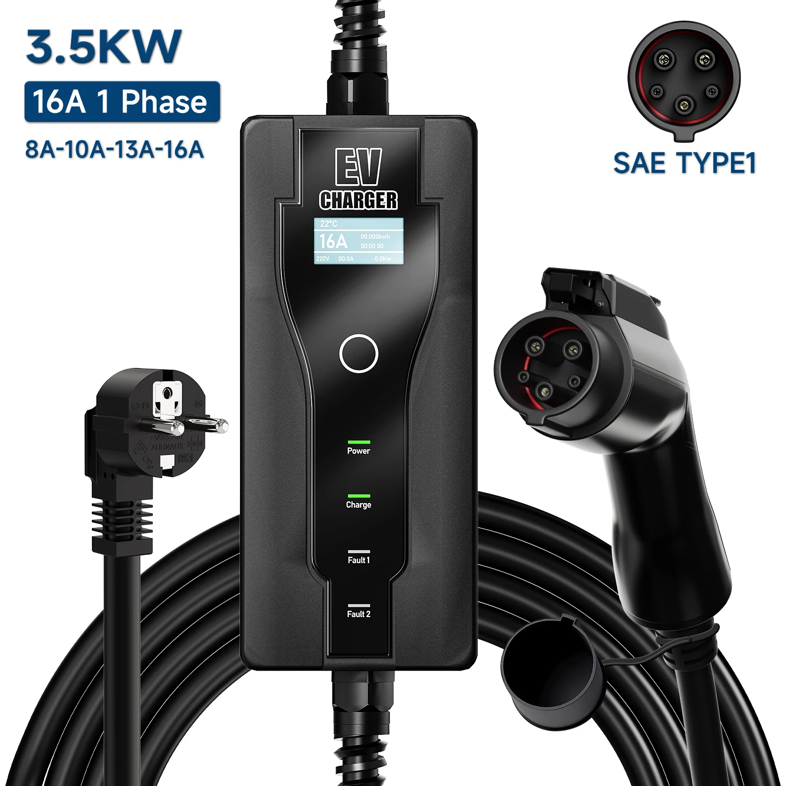 3.5KW 16A Portable EV Charger Type1 SAEJ1772 EVSE Charging Box  CEE Plug Wallbox for Electric Car 8/10/13/16A Current Adjustable