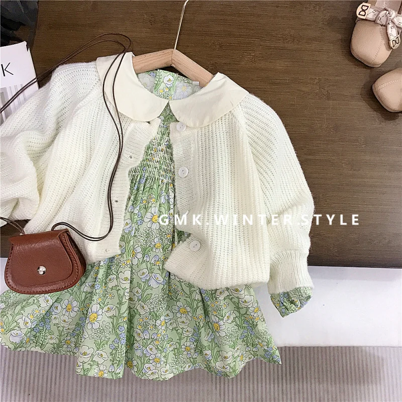 

Girls' Dress Spring Autumn New Baby Spring Outfit Little Children Long Sleeve Floral Dress Sweater Coat