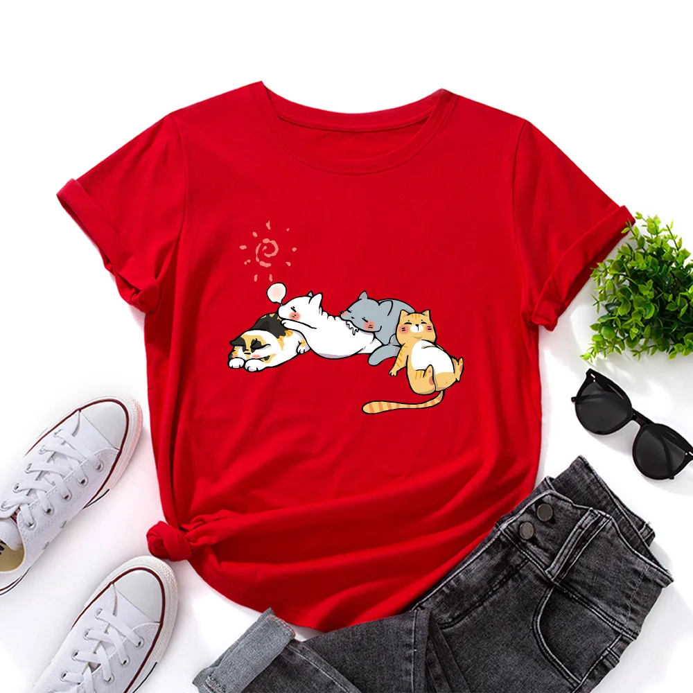 Camiseta 100% de algodón para mujer, camisetas holgadas con estampado de gato durmiente, camiseta de manga corta para mujer, Tops para mujer