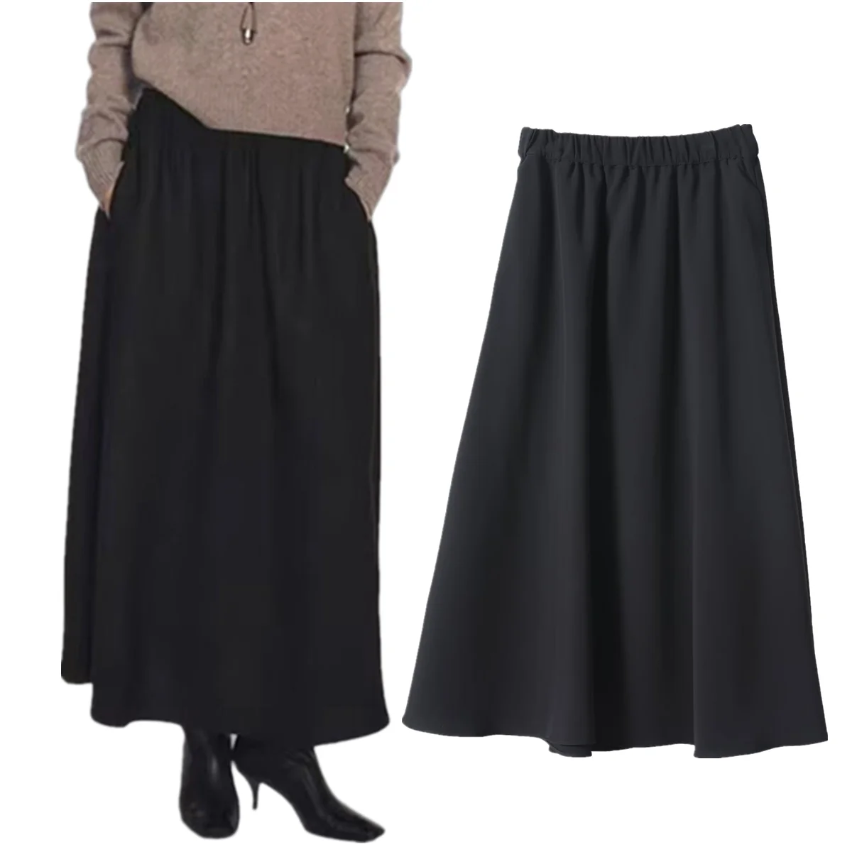 

Maxdutti 2026 Winter Minimalist French Elegant Fashion Office Ladies Black Midi Skirt Woman Clothing High Waits A-line Faldas Sk