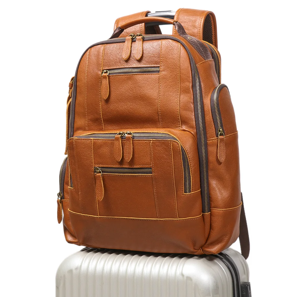 حقيبة ظهر رجالية من الجلد الطبيعي ذات سعة كبيرة حقيبة كمبيوتر محمول متعددة الوظائف للسفر حقيبة ظهر كاجوال