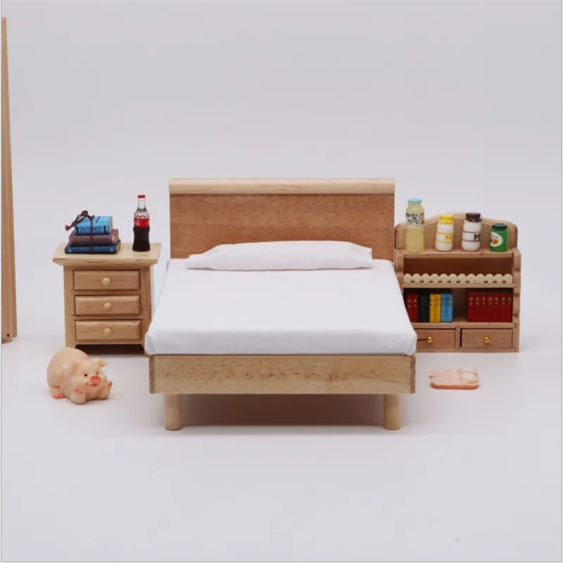 1/12 Dollhouse Miniature Double Bed Modern Style Wooden Doll House Furniture For Dolls Girls Toys