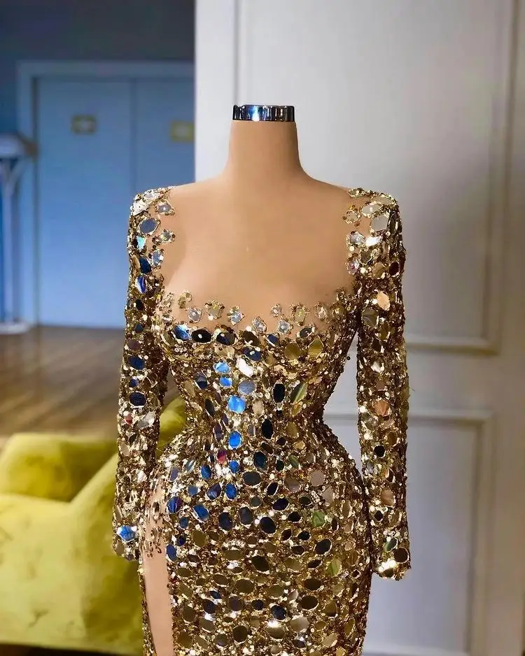 Gold Sexy Mermaid Evening Dresses long sleeve High Split mirror diamonds Plus Size Prom engagement Pageant gown Vestidos