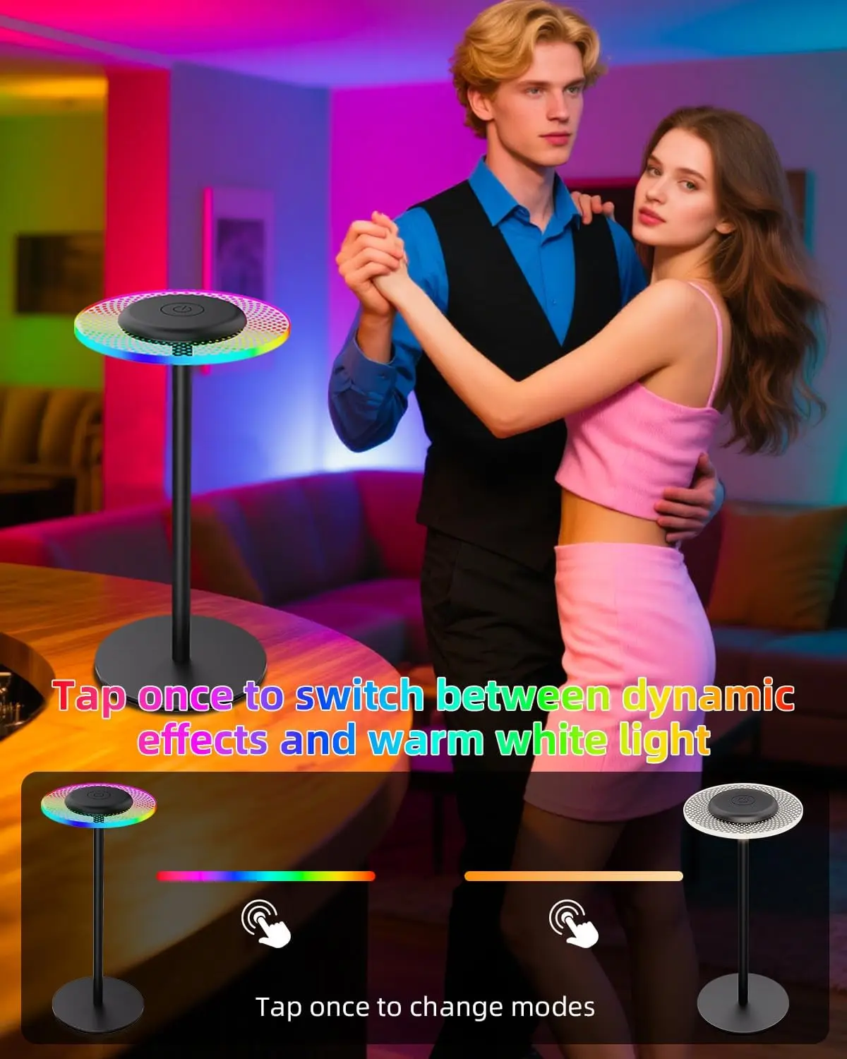 โคมไฟตั้งโต๊ะ LED โคมไฟตั้งโต๊ะไร้สายไฟข้างเตียงสัมผัสหรี่แสงได้ RGBW แสงอุ่น USB-C ชาร์จแบตเตอรี่ 2200mAh IP54 กันน้ำ