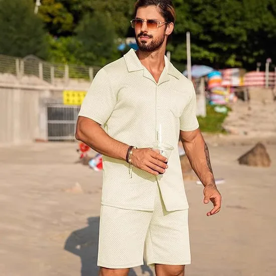 

Casual Knitted Shirt Shorts Set Beach Texture Short Sleeve Button up Cotton Fabric Men's Summer Leisure Sportswear Ensemble