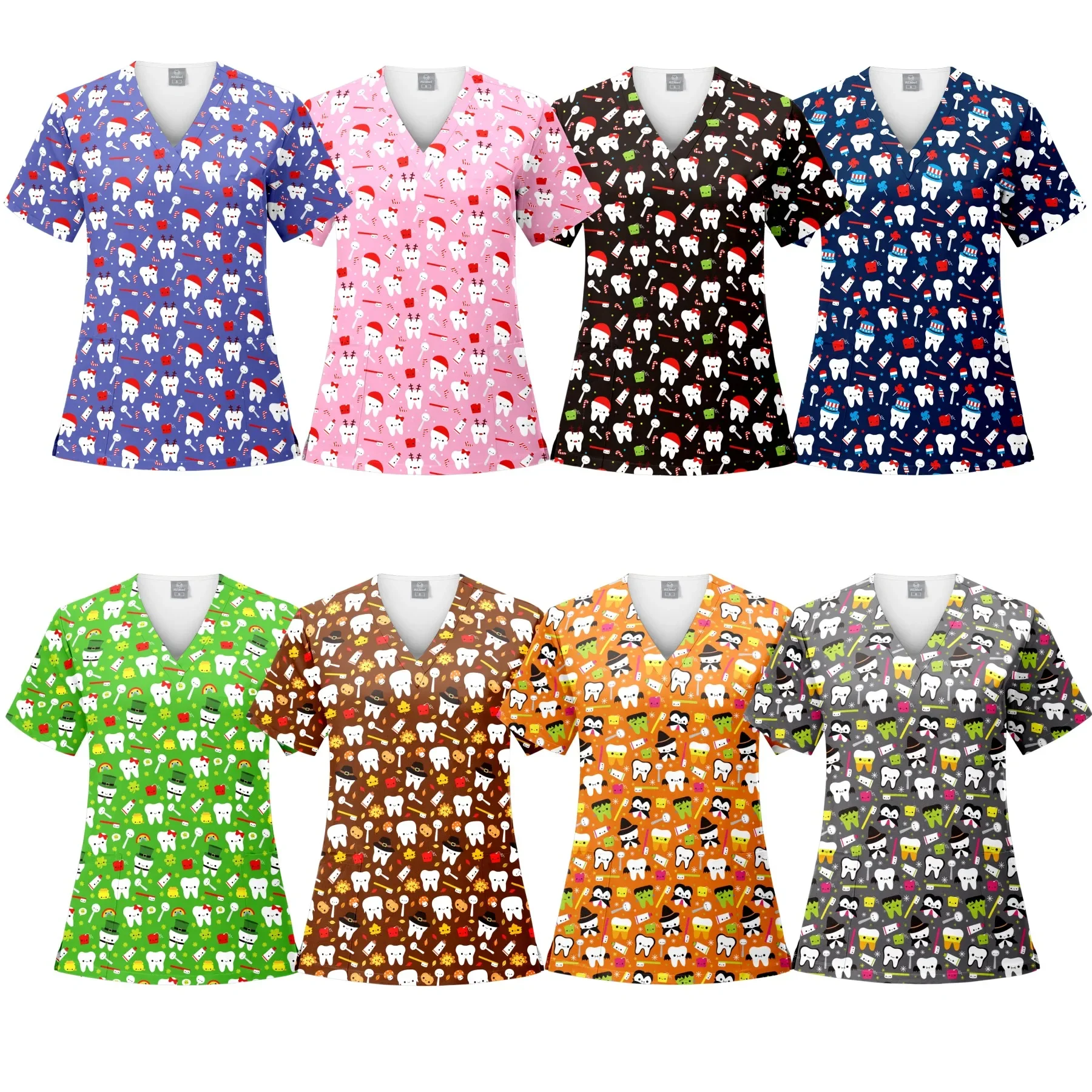 

Christmas Print Surgery Top Women with Pocket V-Neck Scrub Uniform Spa Caring T-Shirt Pet Grooming Surgical Nurse Scrubs Uniform