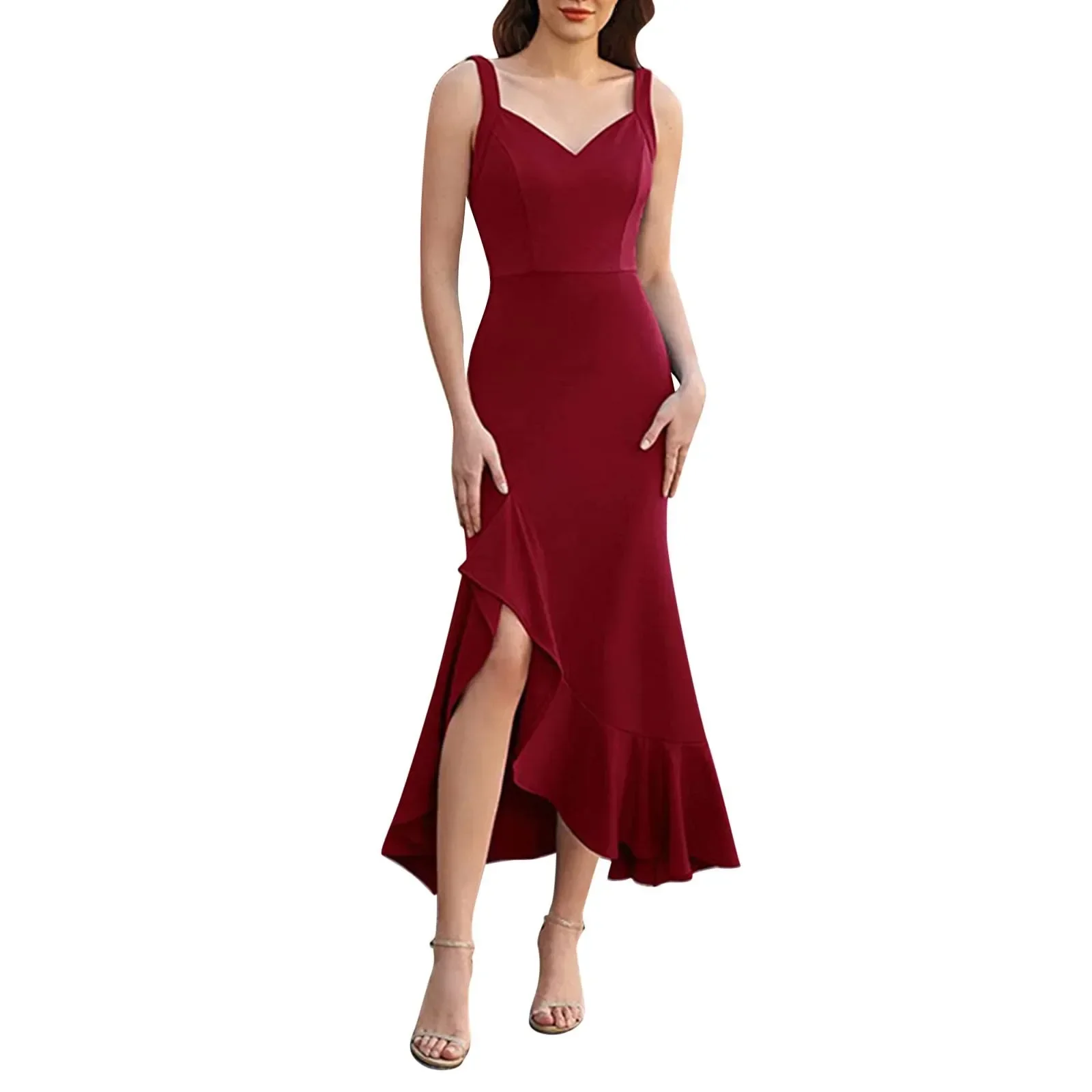 Women Long Formal Dresses Sleeveless V-Neck Cocktail Wedding Guest Dresses Ruffle Party Prom Maxi Slit Slim Summer Dress