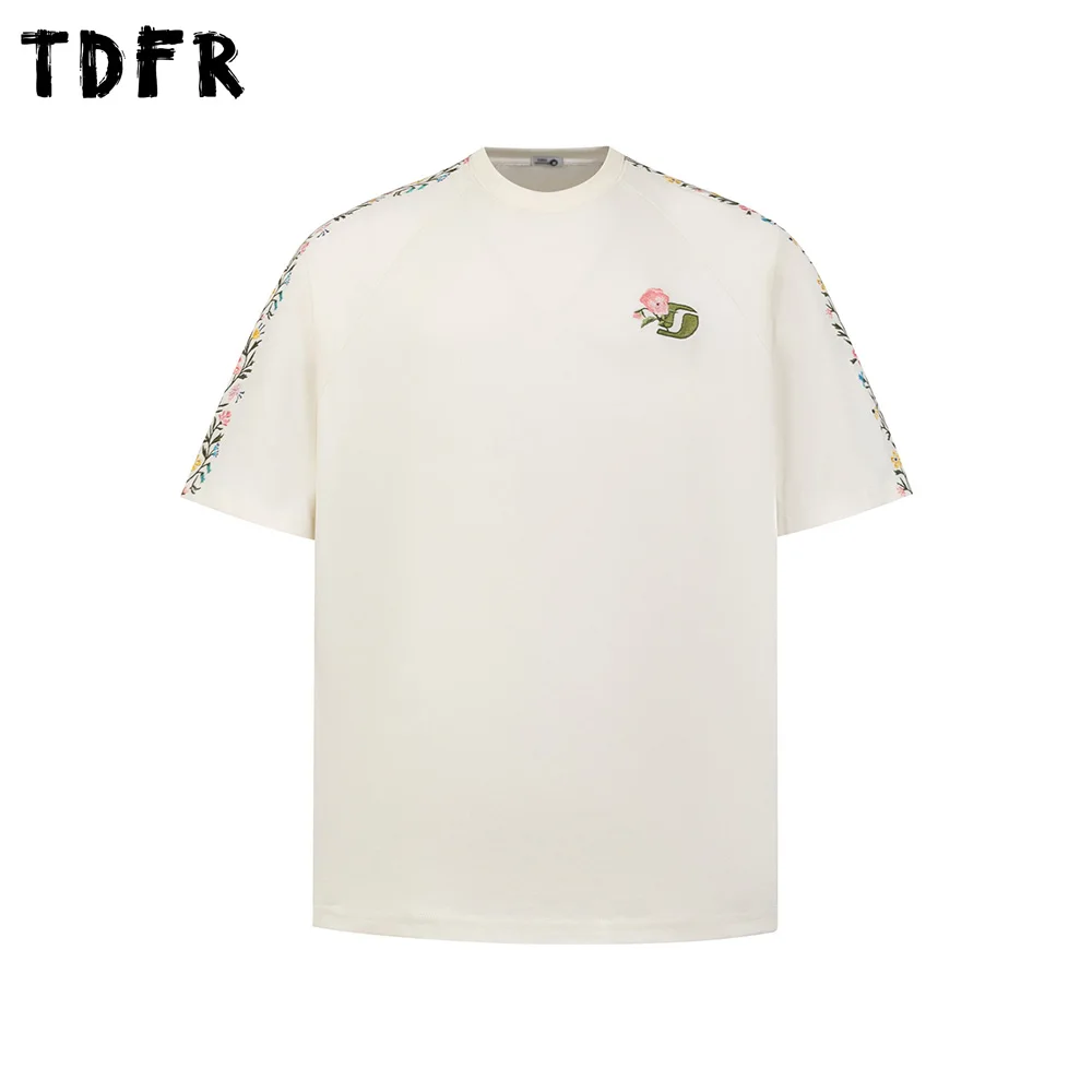 

Flower Embroidery Short Sleeve T-shirt Mens Retro Summer Casual Loose Crew Neck Half-Sleeve Cotton Tee Men