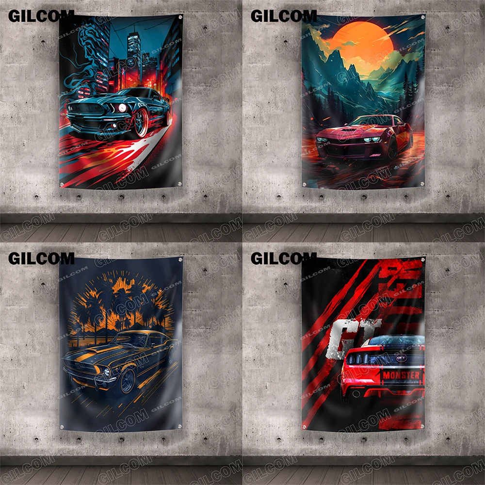 Flag Retro  80S Colorful Car Racing Poster Advertise Logo Sport Outdoor Club Digital Printing Banner Tapestry Brass Grommet