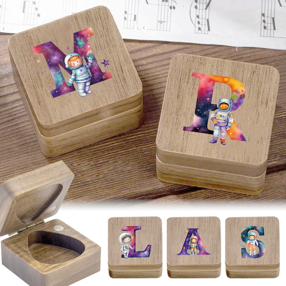 

1pc Wooden Guitar Picks Storage Box Folk Guitar Parts Storage Box Accessories Astronaut Letter Initial Name 26 Letters Pattern