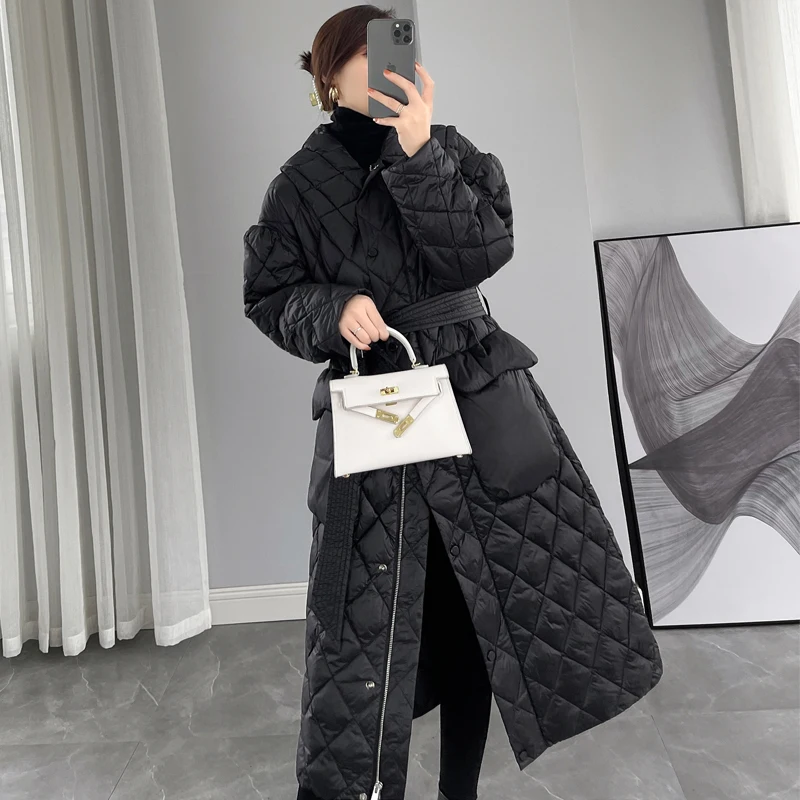 Women\'s Black Long Down Jacket 2024 Winter Korean Fashion Temperament White duck down Coat With belt Female Warm Parkas Overcoat