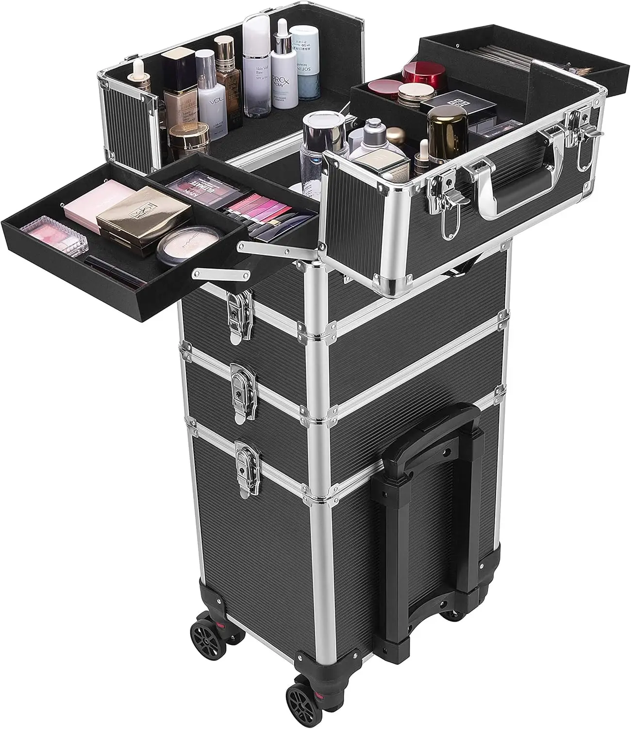 

4 in 1 Makeup Rolling Train Case Aluminum Trolley Professional Cosmetic Organizer Box with Shoulder Straps 2 Keys Black