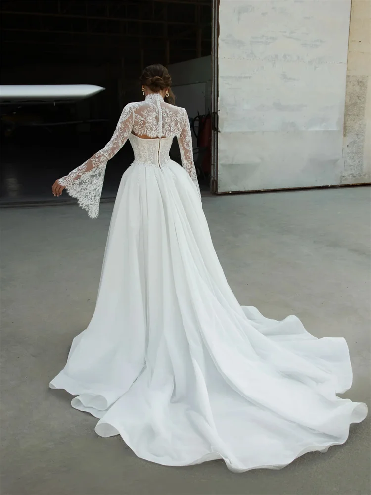 Customized Satin A-Line Wedding Dress with Shawl Sleeves And Sweep Train Floor Length Back Zipper Sweetheart Neckline for Bride - Image 3