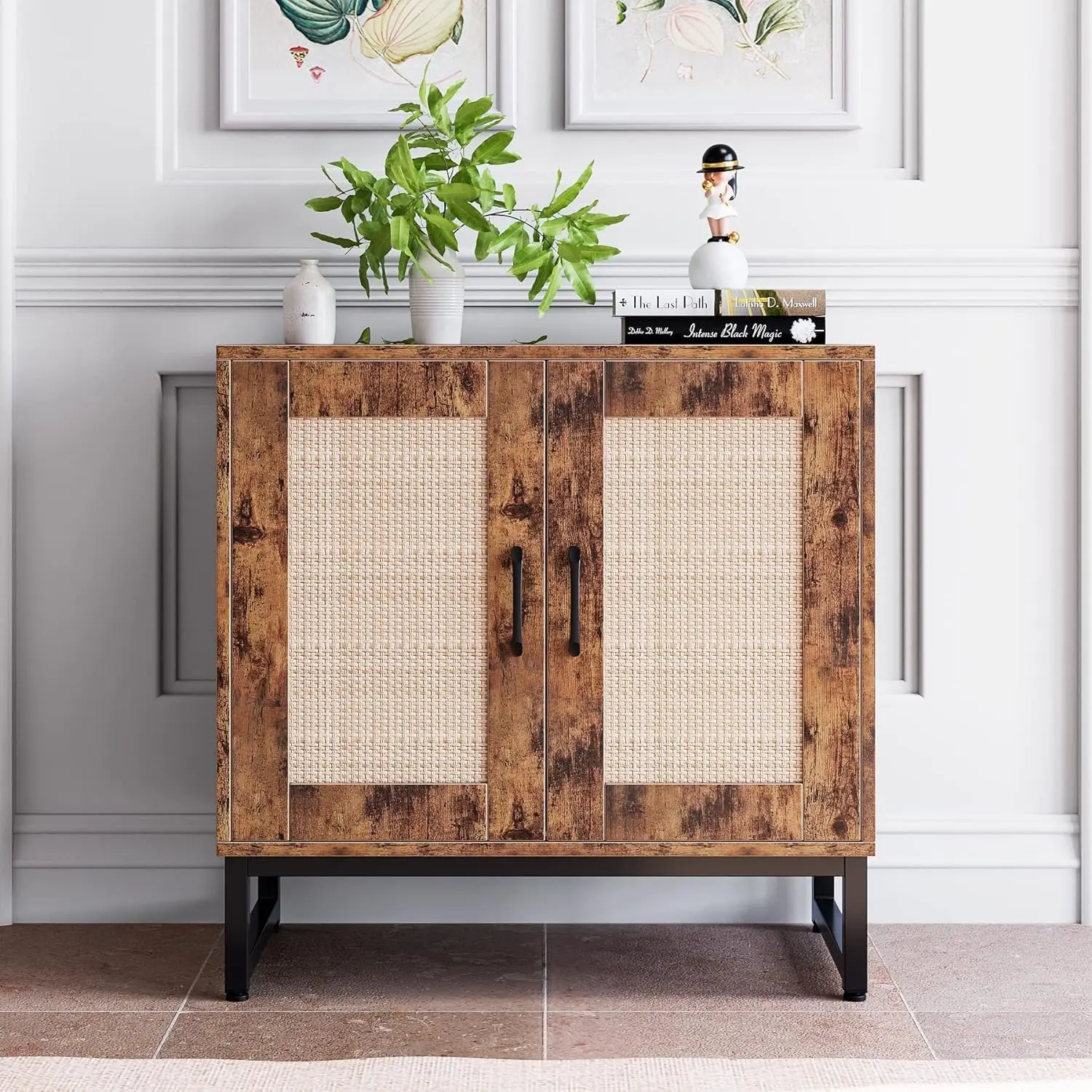 Rattan Sideboard Buffet Storage Cabinet Rattan Console Table Coffee Bar Accent Cabinet for Hallway Entry Living Room Dining Room