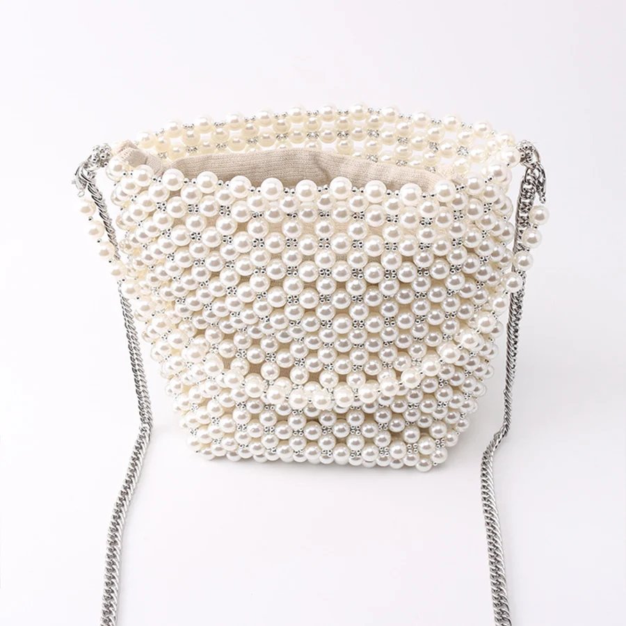 ZA New Pearl Beaded Bag White Beaded Fairy Portable Messenger Bags with Chain Female Purses and Handbags Cross Body Bag Woman