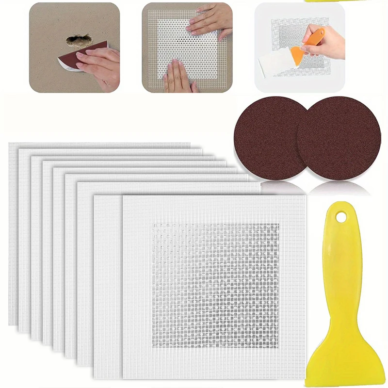4Pcs/Set Mesh Wall Repair Patch Adhesive Fix Net Drywall Hole Ceiling Plaster Damage Aluminum Plate 4Inch With Scraper Sandpaper