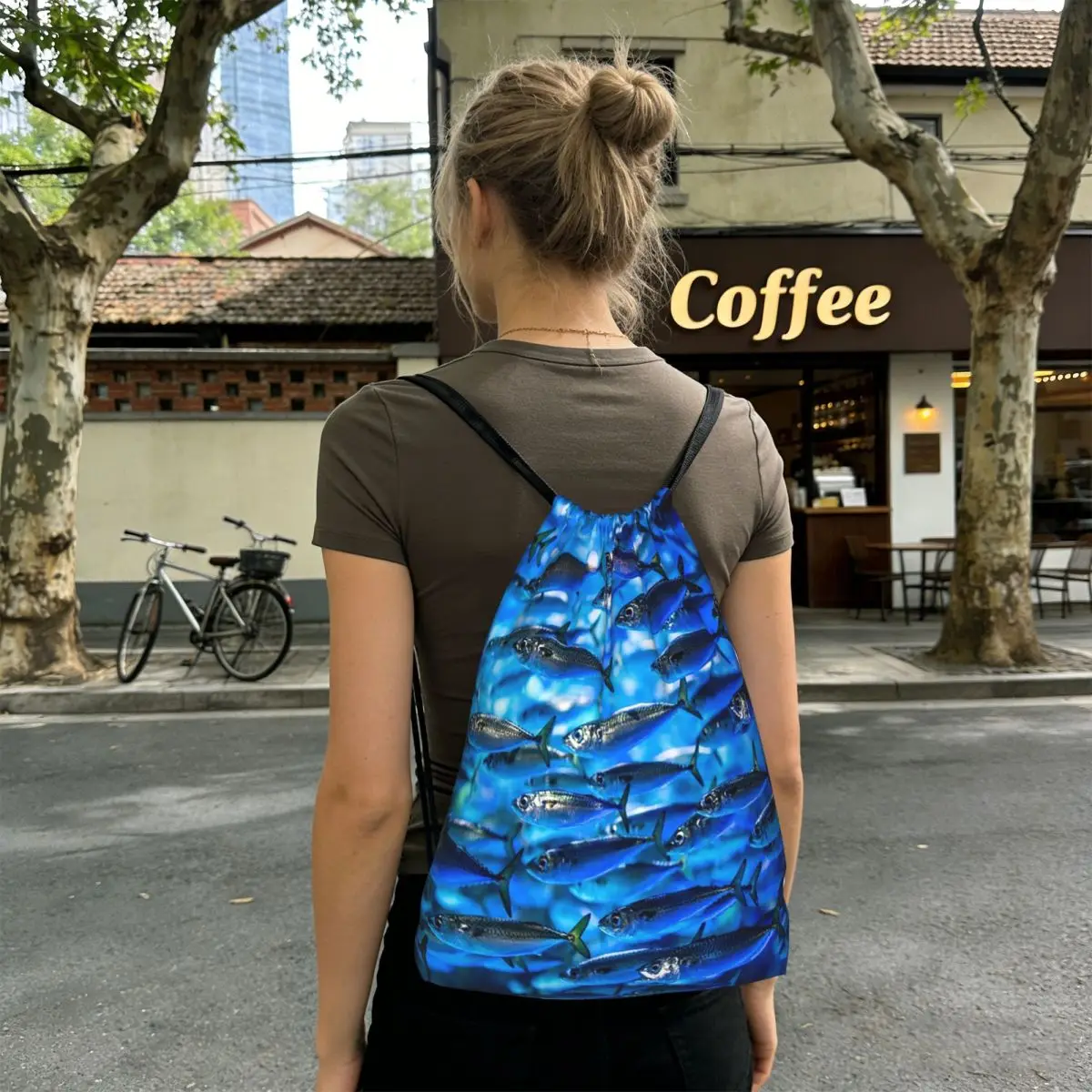 Blue School Of Fish Cartoon Backpacks Fashion Drawstring Bundle Pocket Sports Bag Book Bags for Travel Students