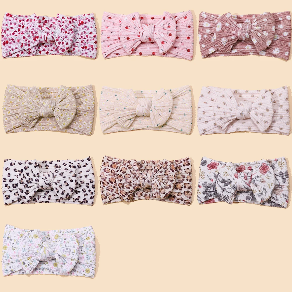 Closed Stitch Nylon Bow Headband Baby Floral Leopard Printing Headband Girls Cotton Ribbed Turban for Kid Girl Gifts Headwear