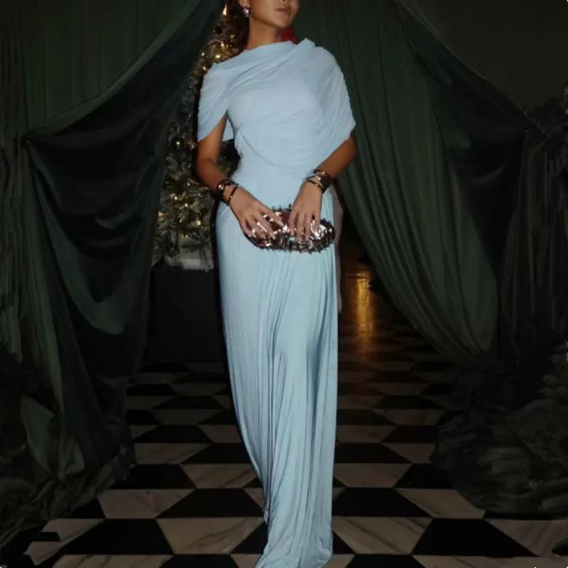 Elegante zomer onregelmatige sjaal ruches maxi-jurk dames slanke hoge taille lange jurk vrouwelijke avondclub feestjurken