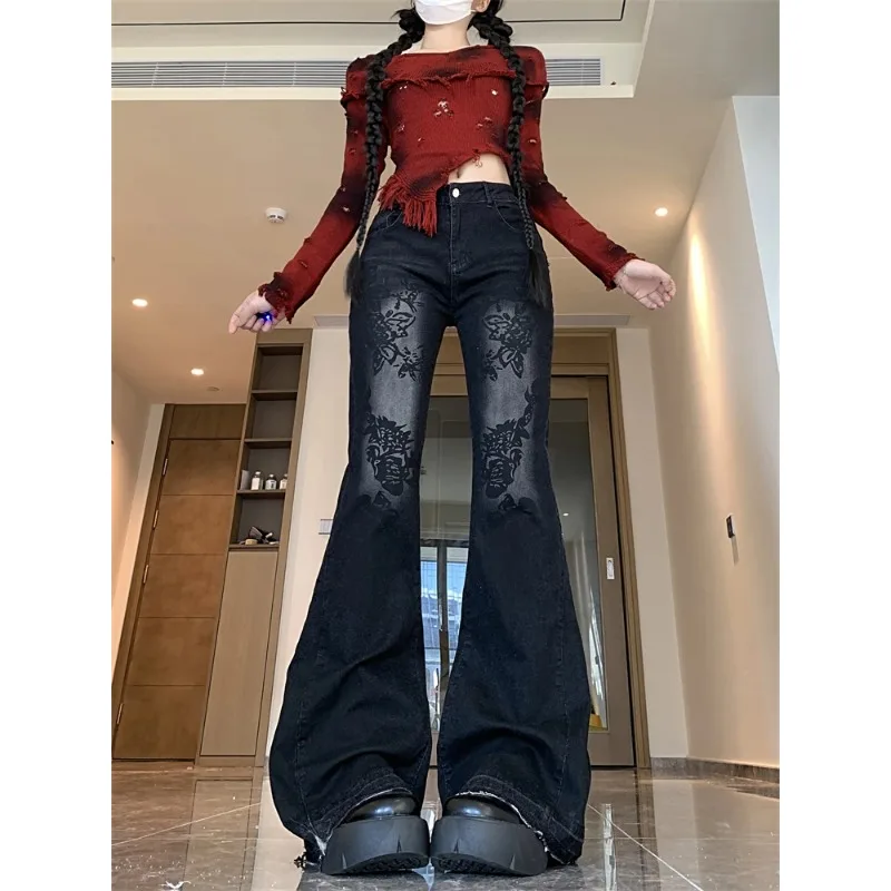 

Women's Flower Print Pattern Slim Flared Jeans Cool Girl High Waisted Streetwear Fashion Pants Female Vintage Denim Trouser