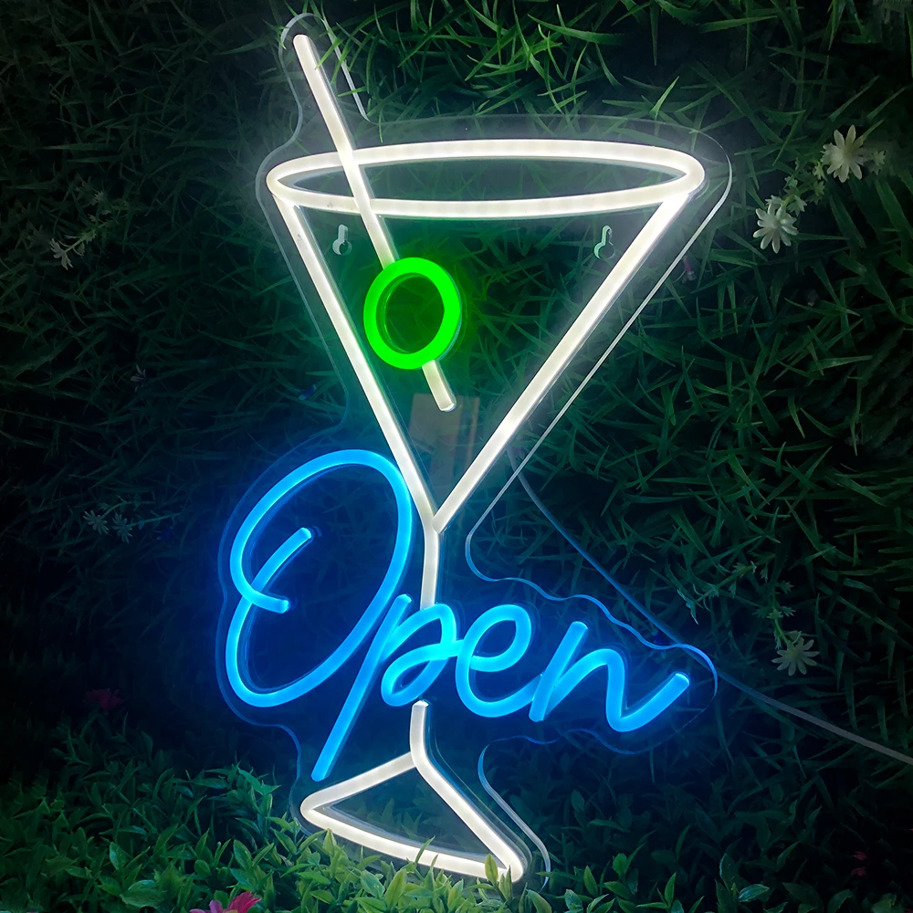 Cocktail Open Neon Sign para Wall Decor, Luzes LED, Decoração do Quarto, Bar Lamp, Club Party, Home Bars, Loja de Negócios, Lâmpada de Parede Regulável