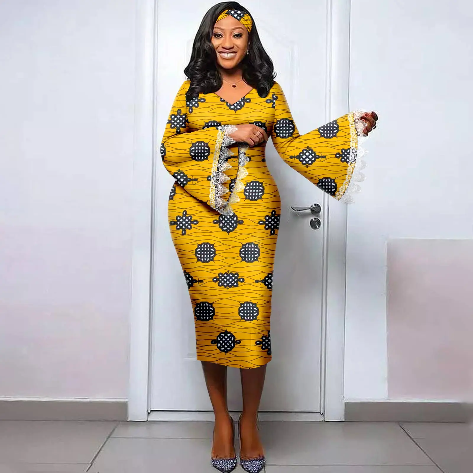 여성을위한 아프리카 드레스 2023 Dashiki 전통 여름 v 넥 레이스 슬리브 (머리띠 포함) 앙카라 파티 저녁 Y 2325064