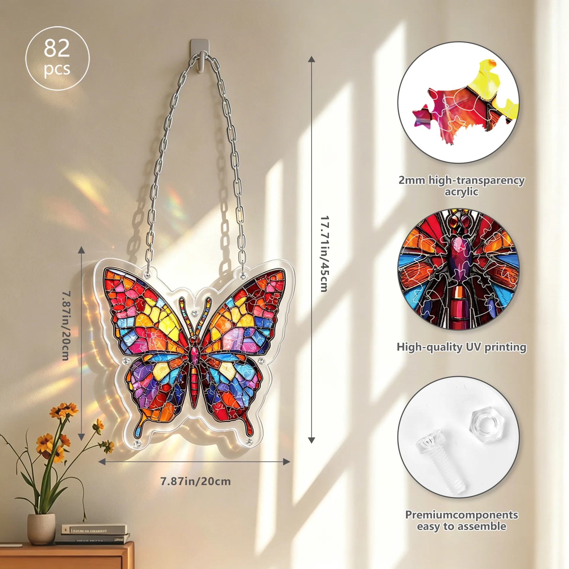 Stained Glass Butterfly Acrylic Puzzle Suncatcher Window Hanging Ornament,Colorful Window Light Catcher DIY Assemble Wall Decor