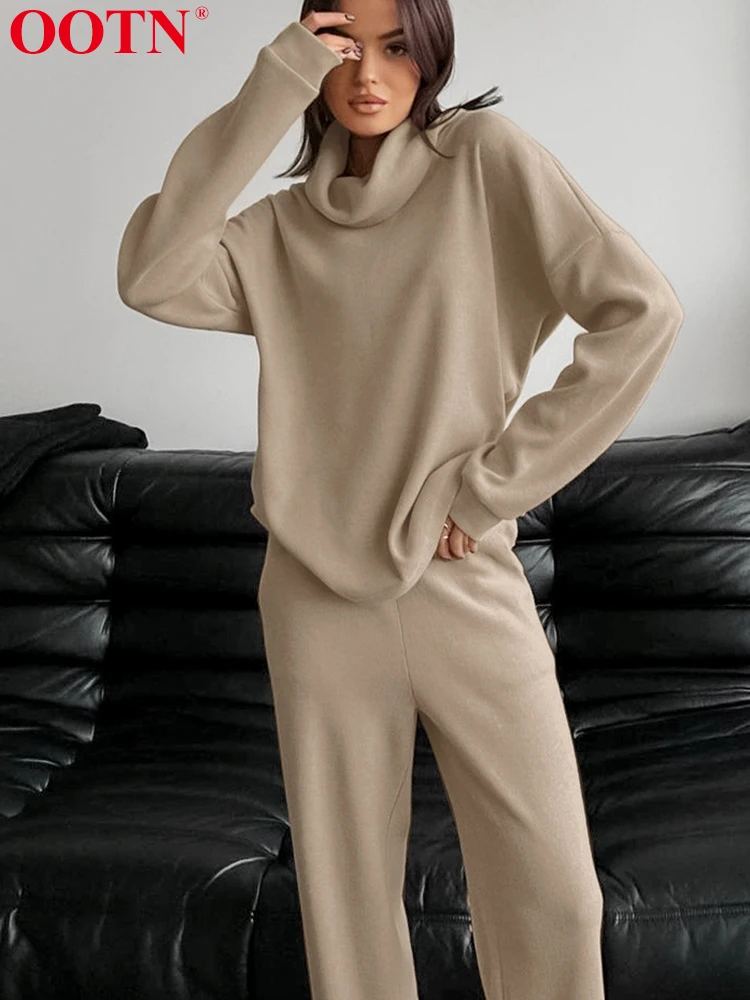 OOTN Knitted Women Suits Two Piece Sets Khaki Long Sleeve Tops Loose Female Pants 2024 Autumn Casual Set Fashion Streetwear