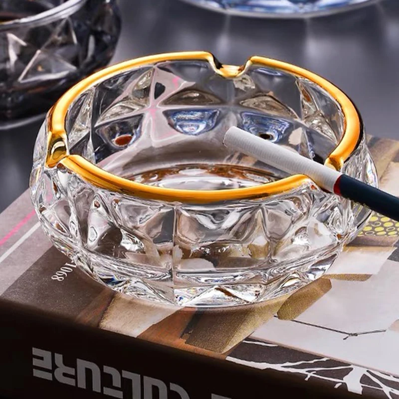 

BOXI Glass Ashtray Gold Rim Diamond Round Design Decorative Ashtray Home Office Desk Top