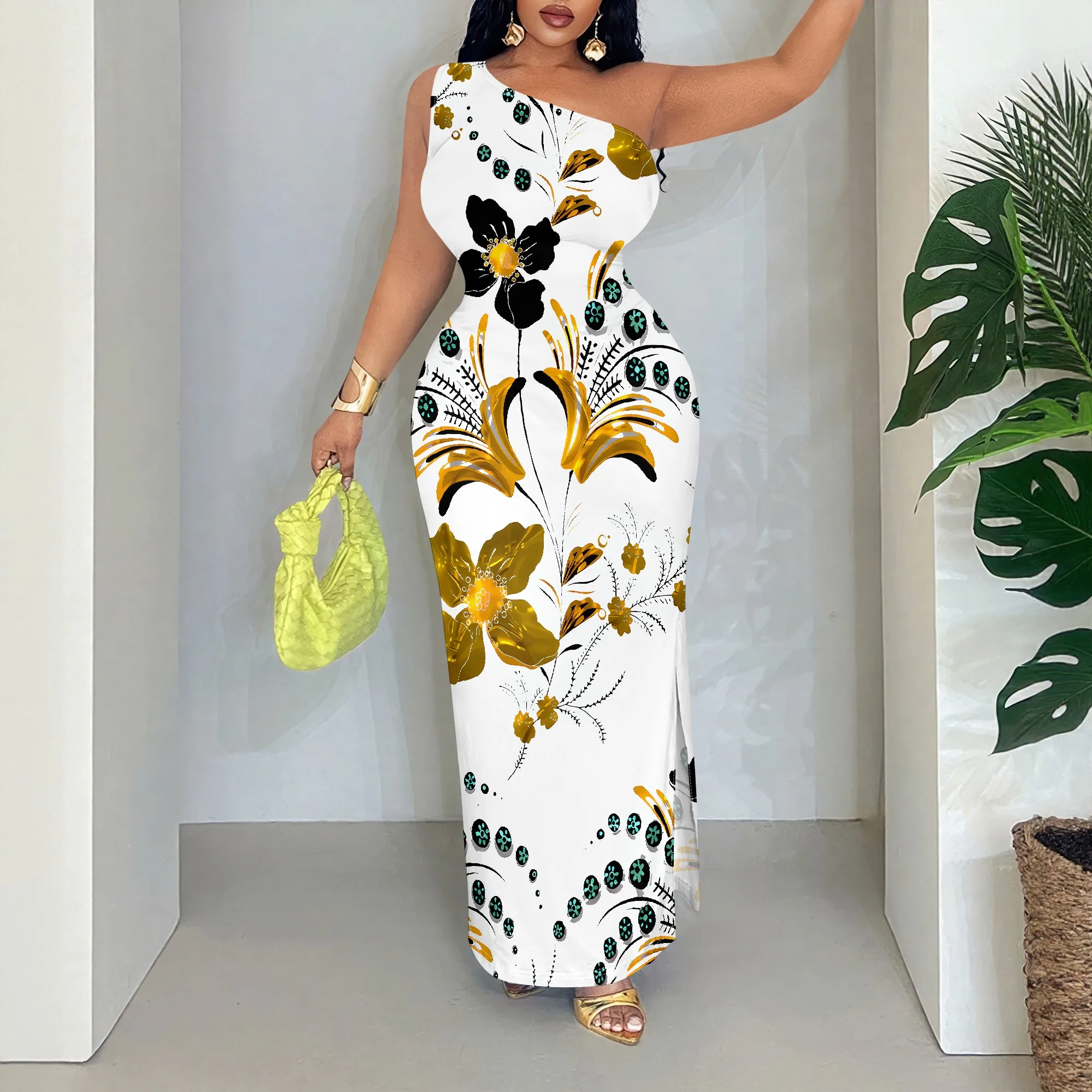 

Floral One Shoulder Maxi Dress, Sleeveless Asymmetrical Neckline, Elegant Gold Print, Summer Beach Party Wear, S-2XL