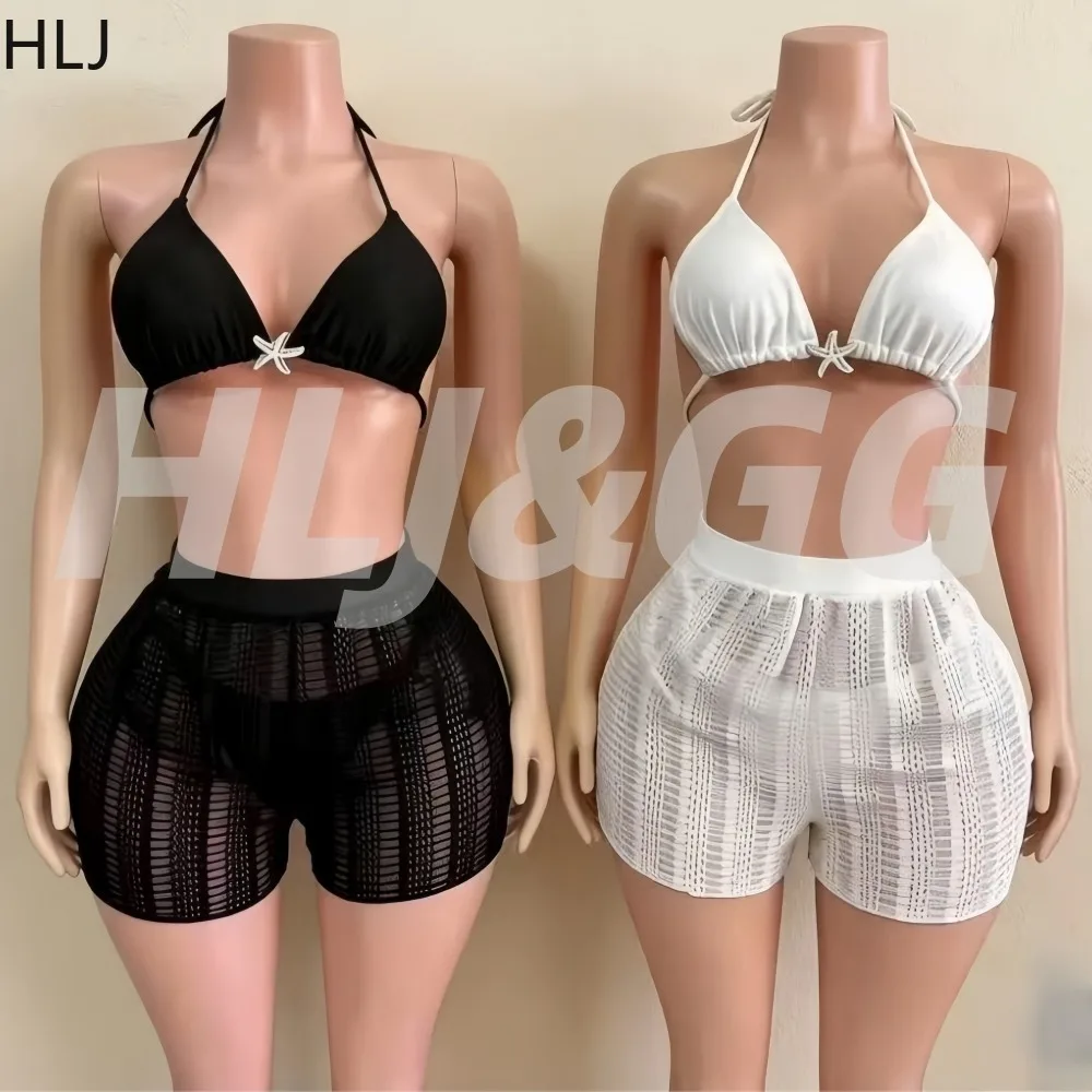 

HLJ Summer New Sexy Solid 3 Piece Bikini Set with Starfish Decor Halter Triangle Top + Mesh Shorts Suit Female Beach Swimwear
