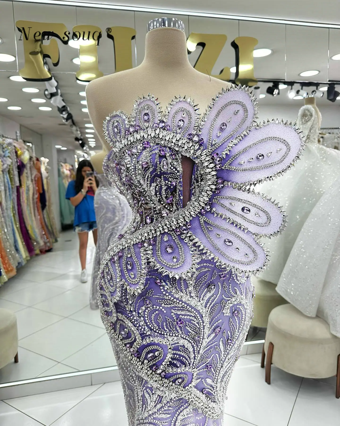 Abiti da sera lunghi viola lavanda dal Design 3D Chic con cristalli abiti da cerimonia per feste di secondo ricevimento con paillettes scintillanti a sirena formale