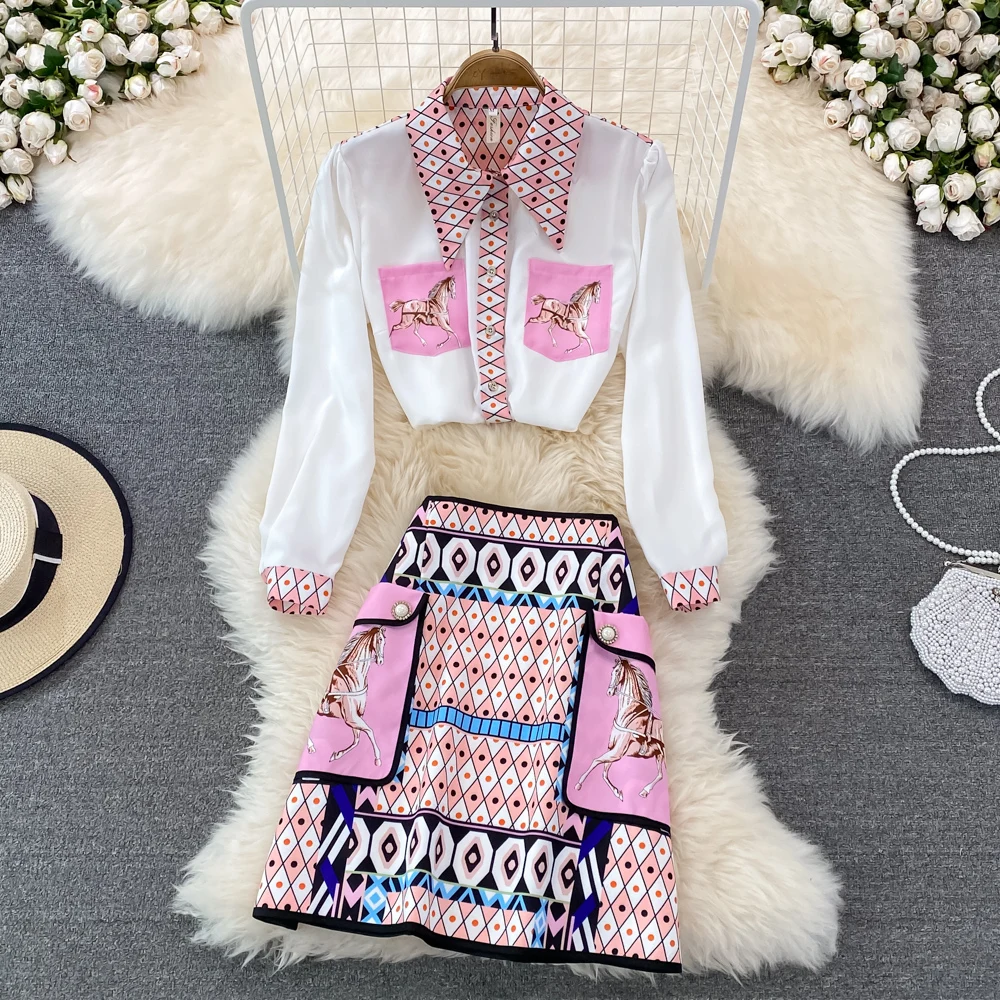 

Women Trendy Fashion Print Sets Tops Shirts Blouse Print Skirt Summer Spring Suit Office Lady Elegant Luxury Design OL Outfit
