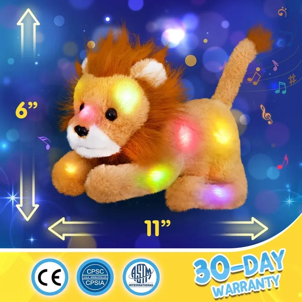 Almofada de pelúcia marrom brilhante para meninas, brinquedos de pelúcia, LED Light Up, Animal musical, fofo e macio, Decoração para casa do bebê, presentes para meninas, 27cm