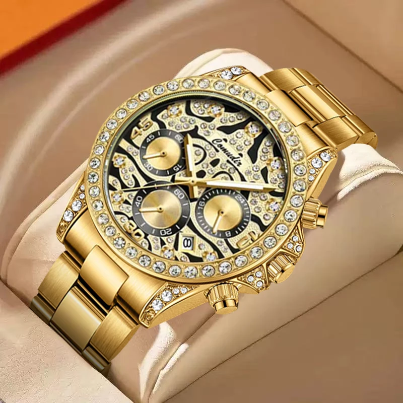 

Мужские тринокулярные кварцевые часы с золотым стальным ремешком и тигровой полосой